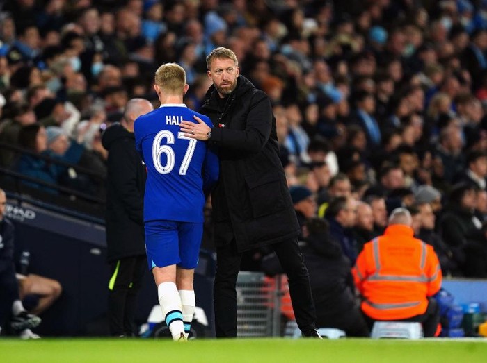 Chelseas Lewis Hall greets manager Graham Potter after being substituted off during the Carabao Cup third round match at the Etihad Stadium, Manchester. Picture date: Wednesday November 9, 2022. (Photo by Mike Egerton/PA Images via Getty Images)