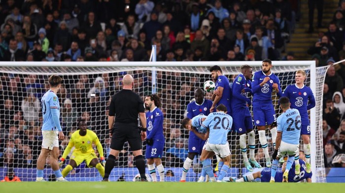 Koulibaly vs Man City MANCHESTER, ENGLAND - NOVEMBER 09: Riyad Mahrez of Manchester City scores a goal to make it 1-0 during the Carabao Cup Third Round match between Manchester City and Chelsea at Etihad Stadium on November 9, 2022 in Manchester, England. (Photo by Robbie Jay Barratt - AMA/Getty Images)