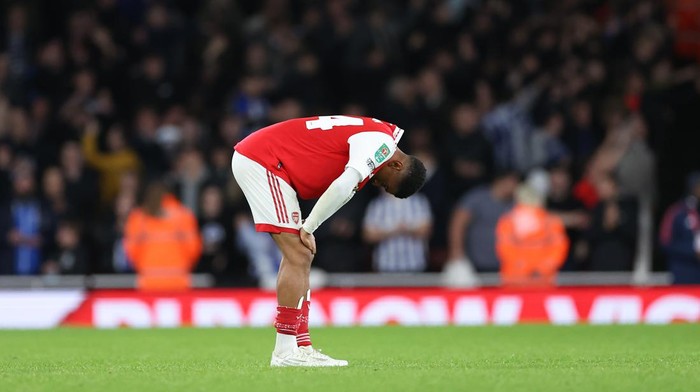 LONDON, ENGLAND - NOVEMBER 09: Reiss Nelson of Arsenal looks dejected during the Carabao Cup Third Round match between Arsenal and Brighton & Hove Albion at Emirates Stadium on November 9, 2022 in London, England. (Photo by Jacques Feeney/Offside/Offside via Getty Images)