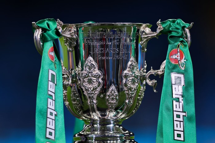 MANCHESTER, ENGLAND - NOVEMBER 09: The EFL Carabao Cup Energy Drink trophy during the Carabao Cup Third Round match between Manchester City and Chelsea at Etihad Stadium on November 9, 2022 in Manchester, England. (Photo by Robbie Jay Barratt - AMA/Getty Images)