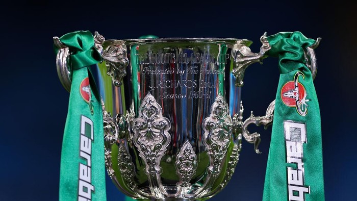 MANCHESTER, ENGLAND - NOVEMBER 09: The EFL Carabao Cup Energy Drink trophy during the Carabao Cup Third Round match between Manchester City and Chelsea at Etihad Stadium on November 9, 2022 in Manchester, England. (Photo by Robbie Jay Barratt - AMA/Getty Images)