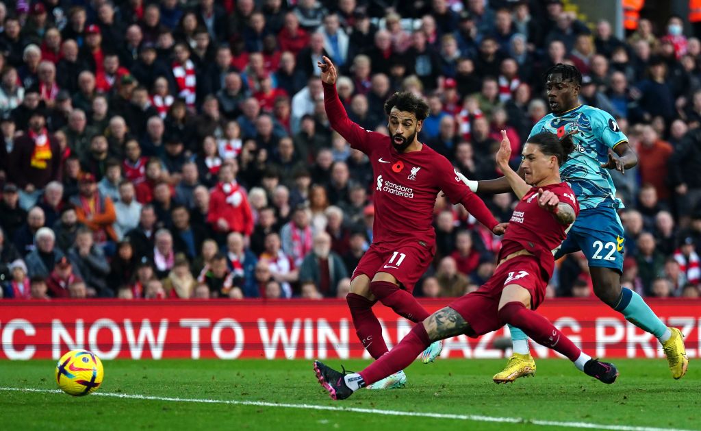 Liverpool's Darwin Nunez scores their side's third goal of the game during the Premier League match at Anfield, Liverpool. Picture date: Saturday November 12, 2022. (Photo by Nick Potts/PA Images via Getty Images)