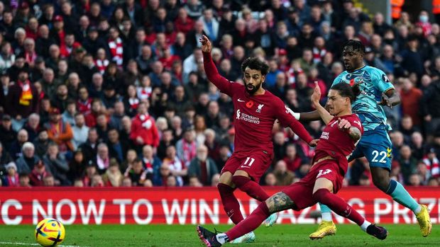 Liverpool's Darwin Nunez scores their side's third goal of the game during the Premier League match at Anfield, Liverpool. Picture date: Saturday November 12, 2022. (Photo by Nick Potts/PA Images via Getty Images)