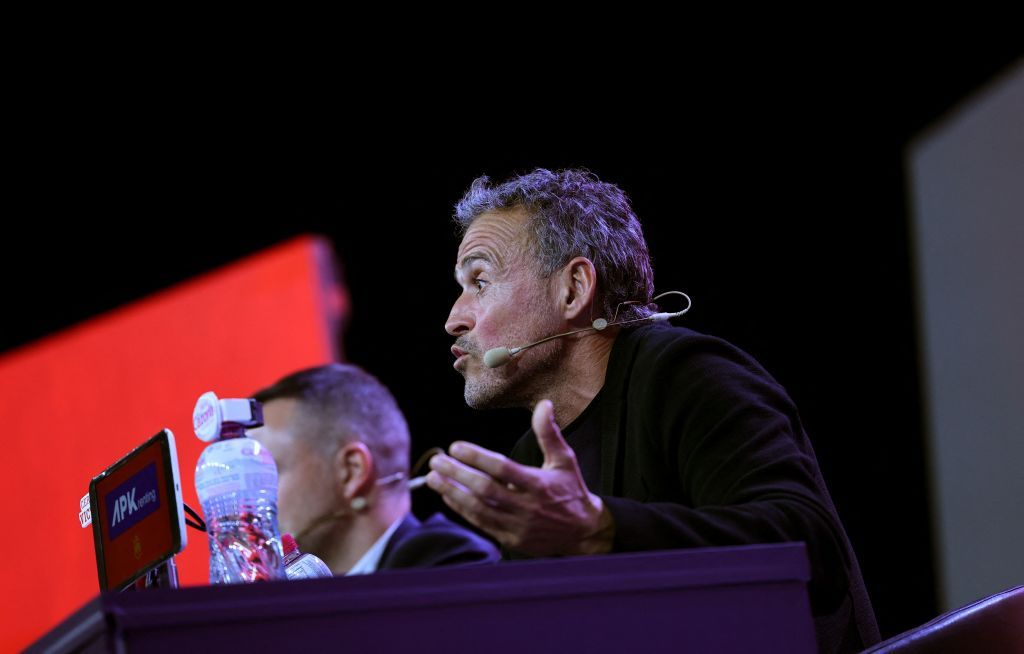 Spain's coach Luis Enrique gestures during a press conference for the unveiling of the official list of Spain's players for the football 2022 World Cup in Qatar at the Las Rozas football sports city near Madrid, on November 11, 2022. (Photo by Pierre-Philippe Marcou / AFP) (Photo by PIERRE-PHILIPPE MARCOU/AFP via Getty Images)