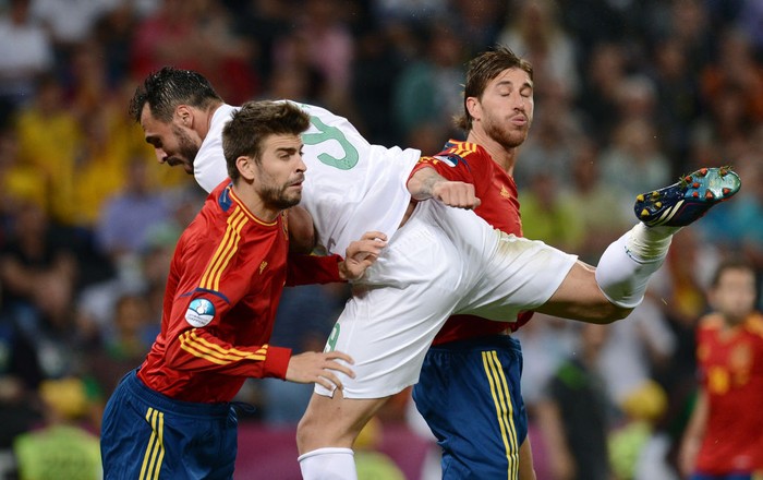 Sergio Ramos, Gerard Pique Spain's Gerard Pique celebrates scoring his side's first goal of the game with teammate Sergio Ramos (left)