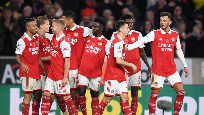 WOLVERHAMPTON, ENGLAND - NOVEMBER 12: Martin Odegaard (2nd from left) celebrates scoring Arsenals 2nd goal with his team mates during the Premier League match between Wolverhampton Wanderers and Arsenal FC at Molineux on November 12, 2022 in Wolverhampton, England. (Photo by David Price/Arsenal FC via Getty Images)