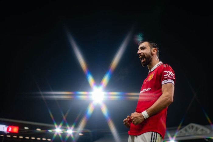 Bruno Fernandes LONDON, ENGLAND - NOVEMBER 13: Bruno Fernandes of Manchester United walks out ahead of the Premier League match between Fulham FC and Manchester United at Craven Cottage on November 13, 2022 in London, England. (Photo by Jared Martinez/Manchester United via Getty Images)
