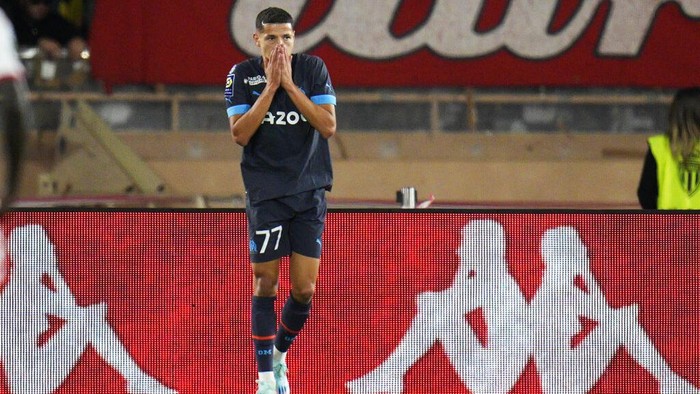 Marseilles Amine Harit reacts after missing a chance during the French League One soccer match between Monaco and Marseille at the Stade Louis II in Monaco, Sunday, Nov. 13, 2022. (AP Photo/Daniel Cole)
