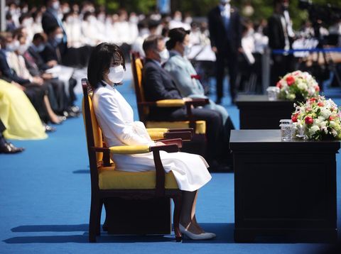 SEOUL, SOUTH KOREA - MAY 10: Wife of South Korea's new President Yoon Suk-yeol, Kim Keon-hee, attends his inauguration ceremony at the National Assembly on May 10, 2022 in Seoul, South Korea. President Yoon Suk-yeol took the oath of office Tuesday, vowing to rebuild the nation on the foundation of a liberal democracy and market economy, and offering to revive North Korea's economy with an 