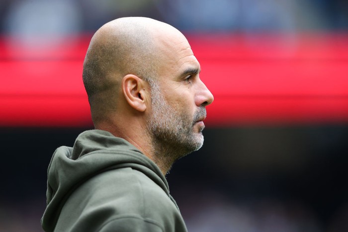MANCHESTER, ENGLAND - NOVEMBER 12: Josep Pep Guardiola, manager of Manchester City, looks on during the Premier League match between Manchester City and Brentford FC at Etihad Stadium on November 12, 2022 in Manchester, England. (Photo by James Gill - Danehouse/Getty Images)