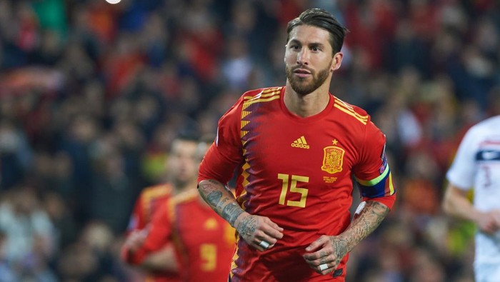Sergio Ramos of Spain national team celebrates a goal during the European Qualifying round Group F match between Spain and Norway at Estadio de Mestalla, on March 23 2019 in Valencia, Spain (Photo by Maria Jose Segovia/NurPhoto via Getty Images)