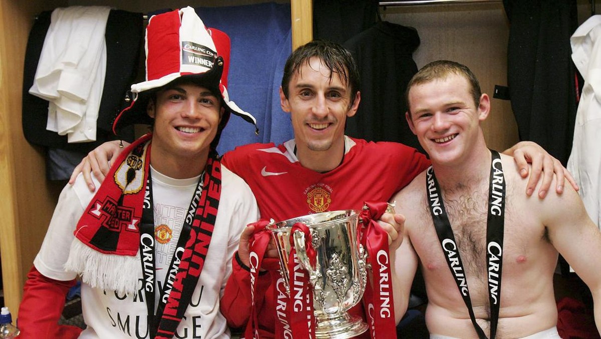 Cristiano Ronaldo, Gary Neville, dan Wayne Rooney di Manchester United. (Foto: Manchester United via Getty Imag/John Peters)