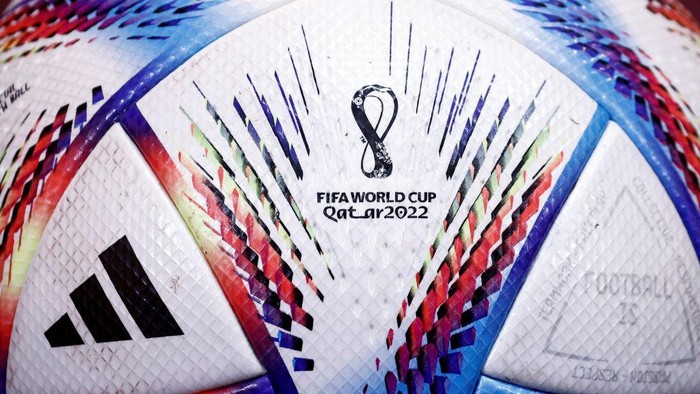 A view shows a ball with the logo of the Qatar 2022 World Cup at the Red Devils Base camp in Tubize, on November 14, 2022 (Photo by Kenzo TRIBOUILLARD / AFP) (Photo by KENZO TRIBOUILLARD/AFP via Getty Images)