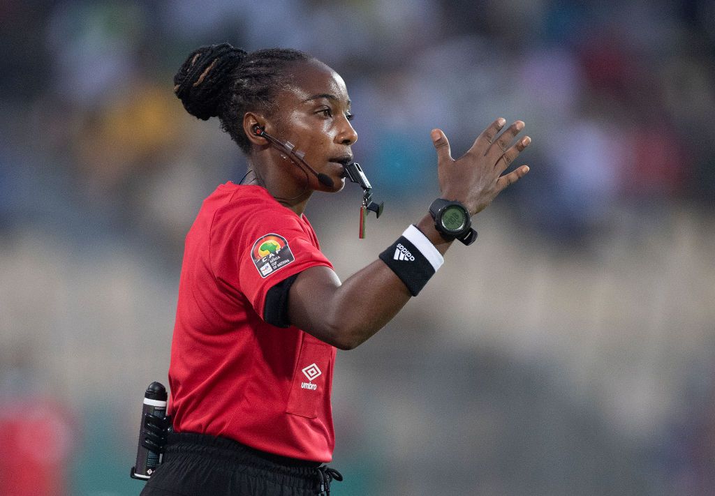 Salima Mukansanga of Rwanda in action as she becomes the first woman to referee a match at the finals of the Africa Cup of Nations during the Group B Africa Cup of Nations (CAN) 2021 match between Zimbabwe and Guinea at Stade Ahmadou Ahidjo in Yaounde on January 18, 2022. (Photo by Visionhaus/Getty Images)