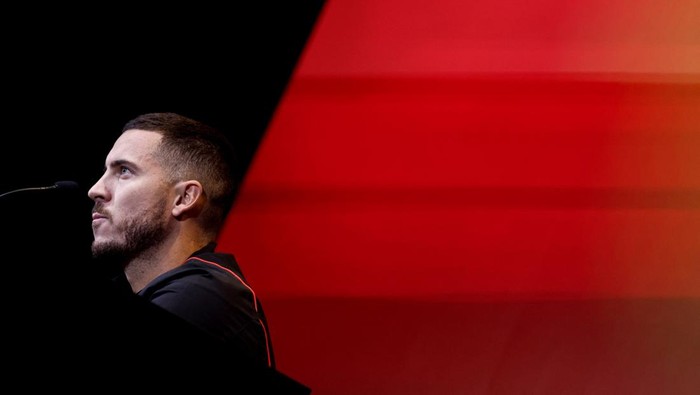 Belgiums national football team forward Eden Hazard gives a press conference ahead of the upcoming Fifa World Cup, in Tubize on November 14, 2022. (Photo by Kenzo TRIBOUILLARD / AFP) (Photo by KENZO TRIBOUILLARD/AFP via Getty Images)