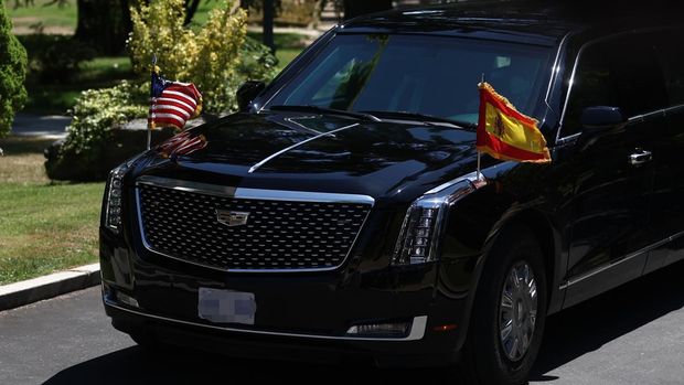 MADRID, SPAIN - JUNE 28: The President of the United States, Joe Biden, arrives in his vehicle 'The Beast' at the Palace of La Moncloa to hold a meeting with the President of the Government, on 28 June, 2022 in Madrid, Spain. Joe Biden has arrived early in the afternoon at the Torrejon de Ardoz air base in his Air Force One plane, to later take his presidential limousine and make all the movements during his visit to Madrid on the occasion of the NATO summit to be held on June 29 and 30. The summit coincides with the 40th anniversary of Spain's accession to the North Atlantic Treaty Organization. Biden's objective at the NATO summit is to reaffirm ''the strong bilateral relationship'' between the two countries. (Photo By EUROPA PRESS/E. Parra. POOL via Getty Images)