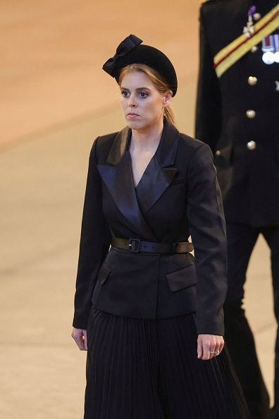 Britain's Princess Beatrice of York leaves ahaving held a vigil at the coffin of Queen Elizabeth II, in Westminster Hall, at the Palace of Westminster in London on September 17, 2022, ahead of her funeral on Monday. - Queen Elizabeth II will lie in state in Westminster Hall inside the Palace of Westminster, until 0530 GMT on September 19, a few hours before her funeral, with huge queues expected to file past her coffin to pay their respects. (Photo by Chris Jackson / POOL / AFP) (Photo by CHRIS JACKSON/POOL/AFP via Getty Images)