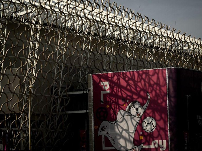 The Qatar 2022 mascot La'eeb is pictured outside the Ahmed bin Ali Stadium in Al-Rayyan on November 12, 2022, ahead of the Qatar 2022 FIFA World Cup football tournament. (Photo by Kirill KUDRYAVTSEV / AFP) (Photo by KIRILL KUDRYAVTSEV/AFP via Getty Images)