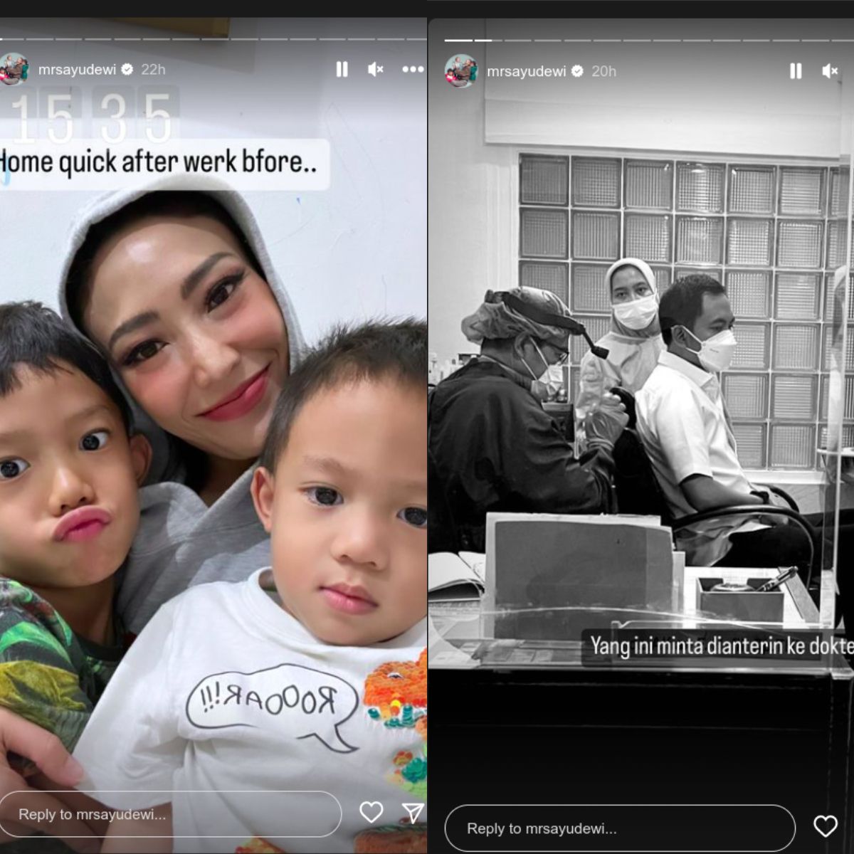 Unggahan Ayu Dewi yang menjelaskan bahwa suaminya Regi Datau sakit hingga dirinya rela pulang kerja cepat.
