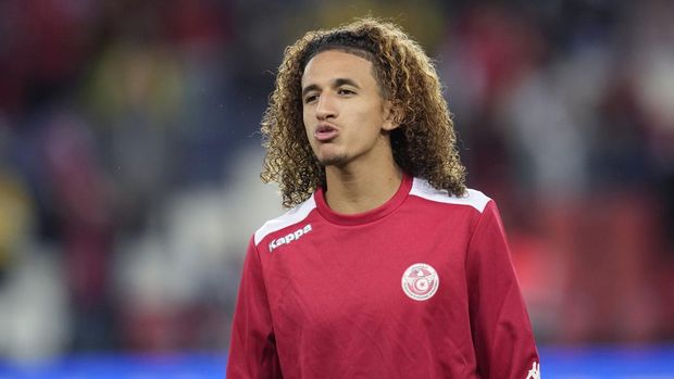 Tunisia's Hannibal Mejbri prior to the international friendly soccer match between Brazil and Tunisia at the Parc des Princes stadium in Paris, France, Tuesday, Sept. 27, 2022. (AP Photo/Christophe Ena)