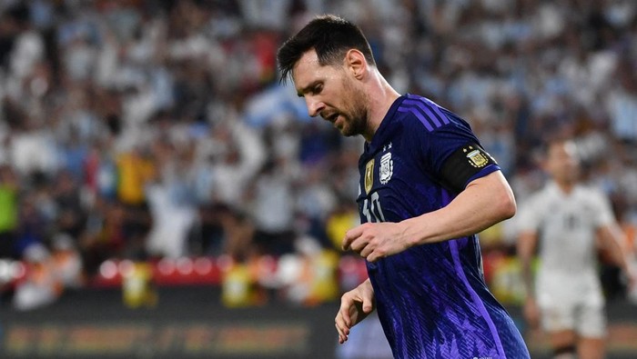 Argentinas forward Lionel Messi celebrates after scoring during the friendly football match between Argentina and the United Arab Emirates at the Mohammed Bin Zayed Stadium in Abu Dhabi, on November 16, 2022. (Photo by Ryan LIM / AFP) (Photo by RYAN LIM/AFP via Getty Images)