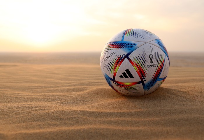 DOHA, QATAR - NOVEMBER 17: The official ball is seen posed in the desert ahead of the FIFA World Cup Qatar 2022 at  on November 17, 2022 in Doha, Qatar. (Photo by Elsa/Getty Images)