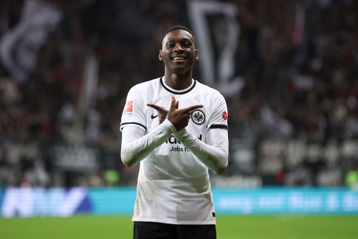 Randal Kolo Muani  Randal Kolo Muani of Eintracht Frankfurt celebrates after scoring their sides second goal during the Bundesliga match between Eintracht Frankfurt and TSG Hoffenheim at Deutsche Bank Park on November 09, 2022 in Frankfurt am Main, Germany. (Photo by Alex Grimm/Getty Images)
