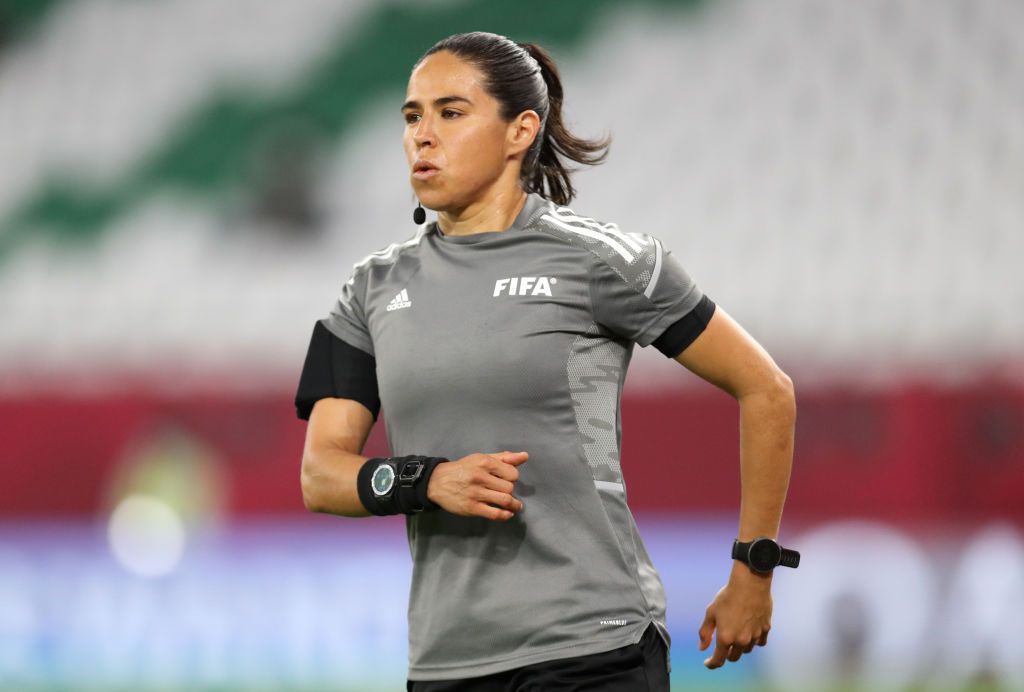 DOHA, QATAR - DECEMBER 07: Karen Diaz Medina, Assistant Referee warms up prior to the FIFA Arab Cup Qatar 2021 Group D match between Lebanon and Sudan at Education City Stadium on December 07, 2021 in Doha, Qatar. (Photo by Maddie Meyer - FIFA/FIFA via Getty Images)