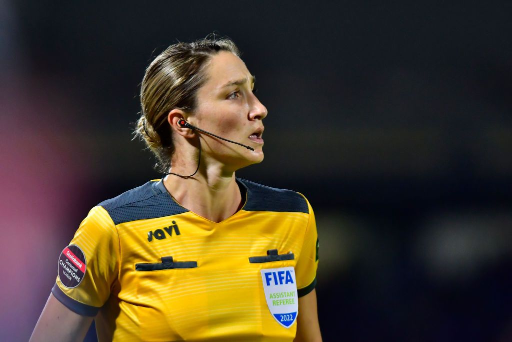 MEXICO CITY, MEXICO - APRIL 05: Kathryn Nesbitt, assistant referee looks on during the semifinal first leg match between Pumas UNAM and Cruz Azul as part of the Concacaf Champions League 2022 at Olimpico Universitario Stadium on April 5, 2022 in Mexico City, Mexico. (Photo by Jaime Lopez/Jam Media/Getty Images)