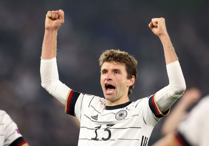 WOLFSBURG, GERMANY - NOVEMBER 11: Thomas Mueller of germany  celebrates as he scores the goal during the 2022 FIFA World Cup Qualifier match between Germany and Liechtenstein at Volkswagen Arena on November 11, 2021 in Wolfsburg, Lower Saxony. (Photo by Stefan Matzke - sampics/Corbis via Getty Images)