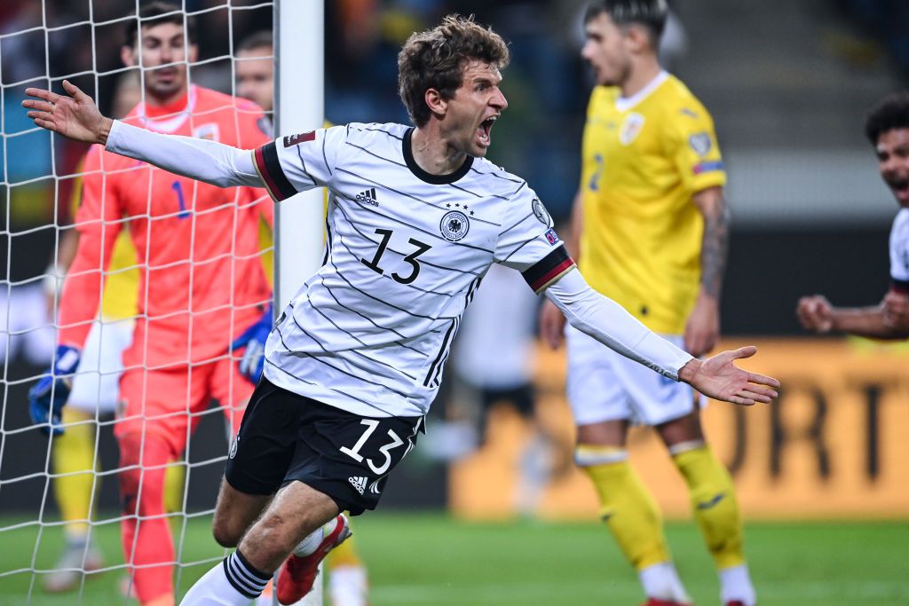WOLFSBURG, GERMANY - NOVEMBER 11: Thomas Mueller of germany  celebrates as he scores the goal during the 2022 FIFA World Cup Qualifier match between Germany and Liechtenstein at Volkswagen Arena on November 11, 2021 in Wolfsburg, Lower Saxony. (Photo by Stefan Matzke - sampics/Corbis via Getty Images)