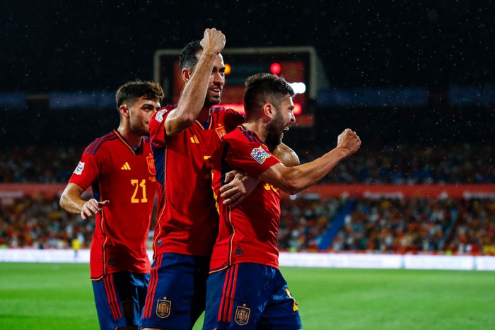 Timnas Spanyol XI Spanish team Ferran Torres, Marco Asensio, Sergio Busquets, Pau Torres, Eric Garcia, Cesar Azpilicueta, Pedri, Gavi, Pablo Sarabia, Jordi Alba during the UEFA Nations League match Group 2 between Spain v Switzerland at La Romareda Stadium in Zaragoza, Spain, on September 24th, 2022. (Photo by Xavier Bonilla/NurPhoto via Getty Images)