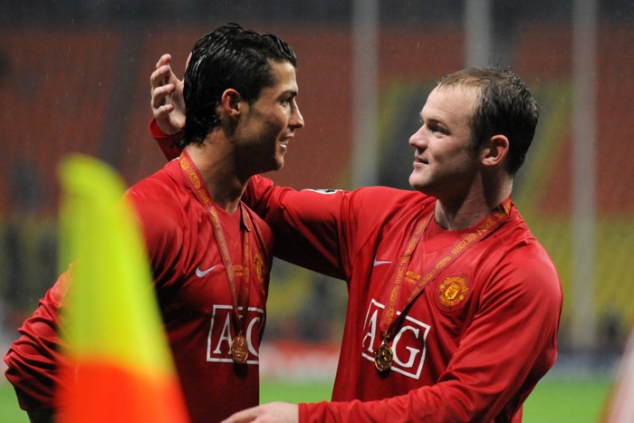 MOSCOW, RUSSIA - MAY 21: Cristiano Ronaldo and Wayne Rooney of Manchester United celebrate after the UEFA Champions League final between Manchester United and Chelsea at the Luzhniki Stadium on May 21, 2008 in Moscow, Russia. (Photo by Etsuo Hara/Getty Images)