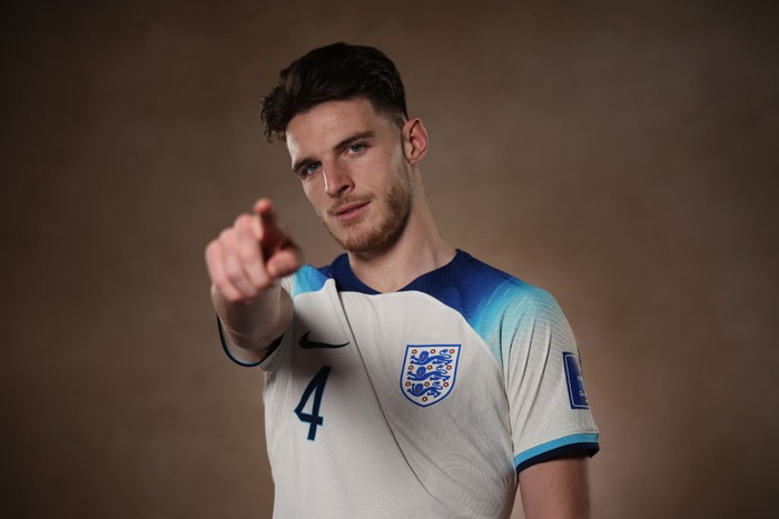 DOHA, QATAR - NOVEMBER 16: Declan Rice of England reacts during an England Media Session at Al Wakrah Stadium on November 16, 2022 in Doha, Qatar. (Photo by Eddie Keogh - The FA/The FA via Getty Images)
