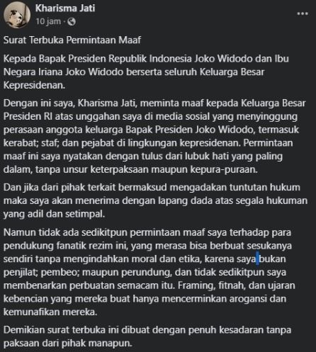 Permintaan maaf Kharisma Jati.