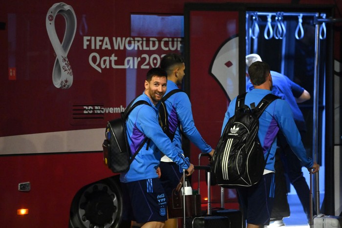 DOHA, QATAR - NOVEMBER 17: Lionel Messi of Argentina disembarks the airplane at Hamad International Airport ahead of FIFA World Cup Qatar 2022 at  on November 17, 2022 in Doha, Qatar. (Photo by Justin Setterfield/Getty Images)