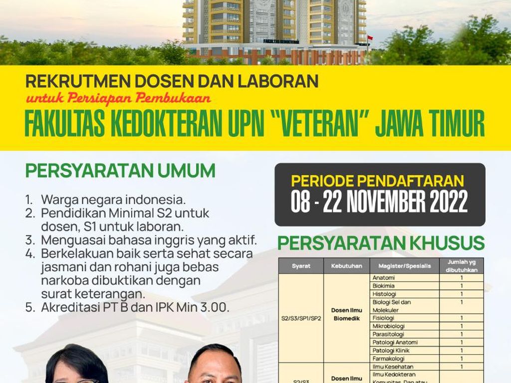 UPN Veteran Surabaya Dirikan Fakultas Kedokteran, Buka Rekrutmen 28 Dosen-Laboran