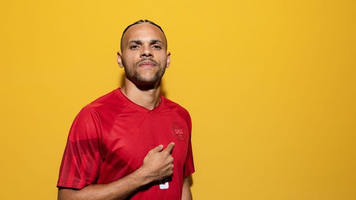 DOHA, QATAR - NOVEMBER 17: Martin Braithwaite of Denmark poses during the official FIFA World Cup Qatar 2022 portrait session on November 17, 2022 in Doha, Qatar. (Photo by Maddie Meyer - FIFA/FIFA via Getty Images)