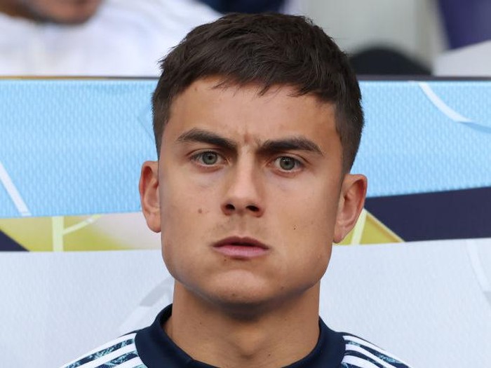 LONDON, ENGLAND - JUNE 01: Paulo Dybala of Argentina looks on from the bench during the line up prior to the match between Italy and Argentina at Wembley Stadium on June 01, 2022 in London, England. (Photo by Jonathan Moscrop/Getty Images)