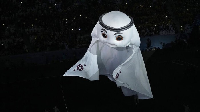 The mascot of the Qatar World Cup is displayed during the opening ceremony, prior to the group A soccer match between Qatar and Ecuador at the Al Bayt Stadium in Al Khor, Qatar, Sunday, Nov. 20, 2022. (AP Photo/Hassan Ammar)
