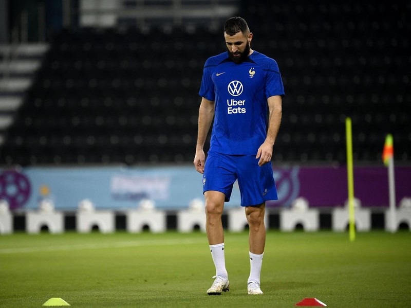 France's forward Karim Benzema looks down during a training session at the Jassim-bin-Hamad Stadium in Doha on November 17, 2022, ahead of the Qatar 2022 World Cup football tournament. (Photo by FRANCK FIFE / AFP) (Photo by FRANCK FIFE/AFP via Getty Images)