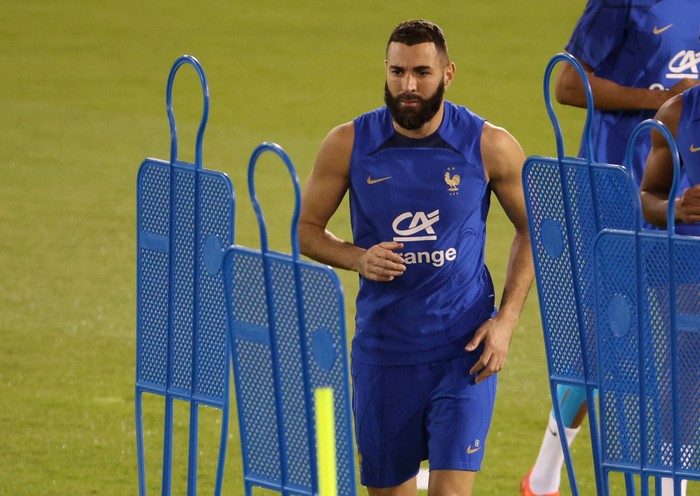 DOHA, QATAR - NOVEMBER 19: Karim Benzema of France during Team France practice ahead of the FIFA World Cup Qatar 2022 at Al Sadd SC Stadium on November 19, 2022 in Doha, Qatar. (Photo by Jean Catuffe/Getty Images)