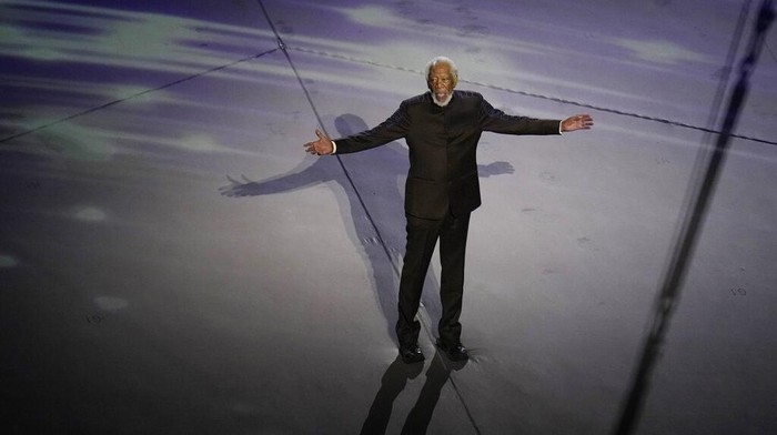 Actor Morgan Freeman speaks during the opening ceremony for the World Cup, prior to the group A soccer match between Qatar and Ecuador at the Al Bayt Stadium in Al Khor, Qatar, Sunday, Nov. 20, 2022. (AP Photo/Hassan Ammar)