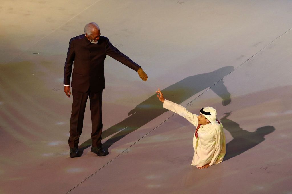 AL KHOR, QATAR - NOVEMBER 20: Morgan Freeman performs during the opening ceremony prior to the FIFA World Cup Qatar 2022 Group A match between Qatar and Ecuador at Al Bayt Stadium on November 20, 2022 in Al Khor, Qatar. (Photo by Elsa/Getty Images)