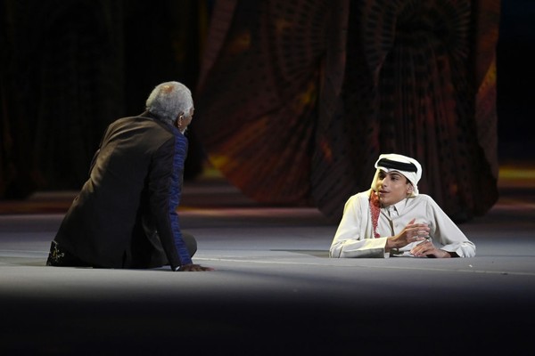 AL KHOR, QATAR - NOVEMBER 20: Morgan Freeman performs during the opening ceremony prior to the FIFA World Cup Qatar 2022 Group A match between Qatar and Ecuador at Al Bayt Stadium on November 20, 2022 in Al Khor, Qatar. (Photo by Elsa/Getty Images)
