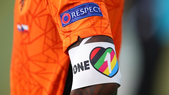 BUDAPEST, HUNGARY - JUNE 27: A detailed view of the ONE-LOVE captains armband worn by Georginio Wijnaldum of Netherlands is seen during the UEFA Euro 2020 Championship Round of 16 match between Netherlands and Czech Republic at Puskas Arena on June 27, 2021 in Budapest, Hungary. (Photo by Alex Livesey - UEFA/UEFA via Getty Images)