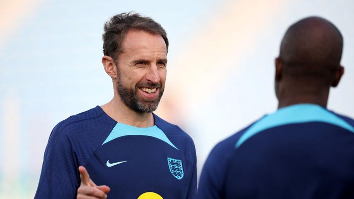 DOHA, QATAR - NOVEMBER 19: Gareth Southgate, Manager of England reacts during a training session at Al Wakrah Stadium on November 19, 2022 in Doha, Qatar. (Photo by Eddie Keogh - The FA/The FA via Getty Images)