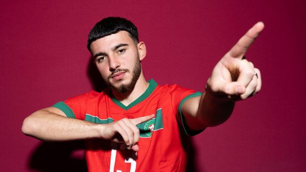 DOHA, QATAR - NOVEMBER 15: Ilias Chair of Morocco poses during the official FIFA World Cup Qatar 2022 portrait session on November 15, 2022 in Doha, Qatar. (Photo by Oliver Hardt - FIFA/FIFA via Getty Images)