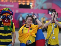 Suporter tim nasional Ekuador bersukacita menanti tim kebanggaannya bertanding pada laga pembuka Piala Dunia 2022. Cui Nan/CNS/Getty Images