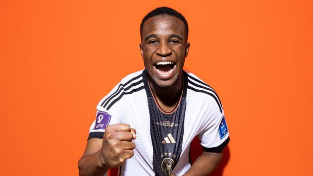 DOHA, QATAR - NOVEMBER 17: Youssoufa Moukoko of Germany poses during the official FIFA World Cup Qatar 2022 portrait session on November 17, 2022 in Doha, Qatar. (Photo by Buda Mendes - FIFA/FIFA via Getty Images)